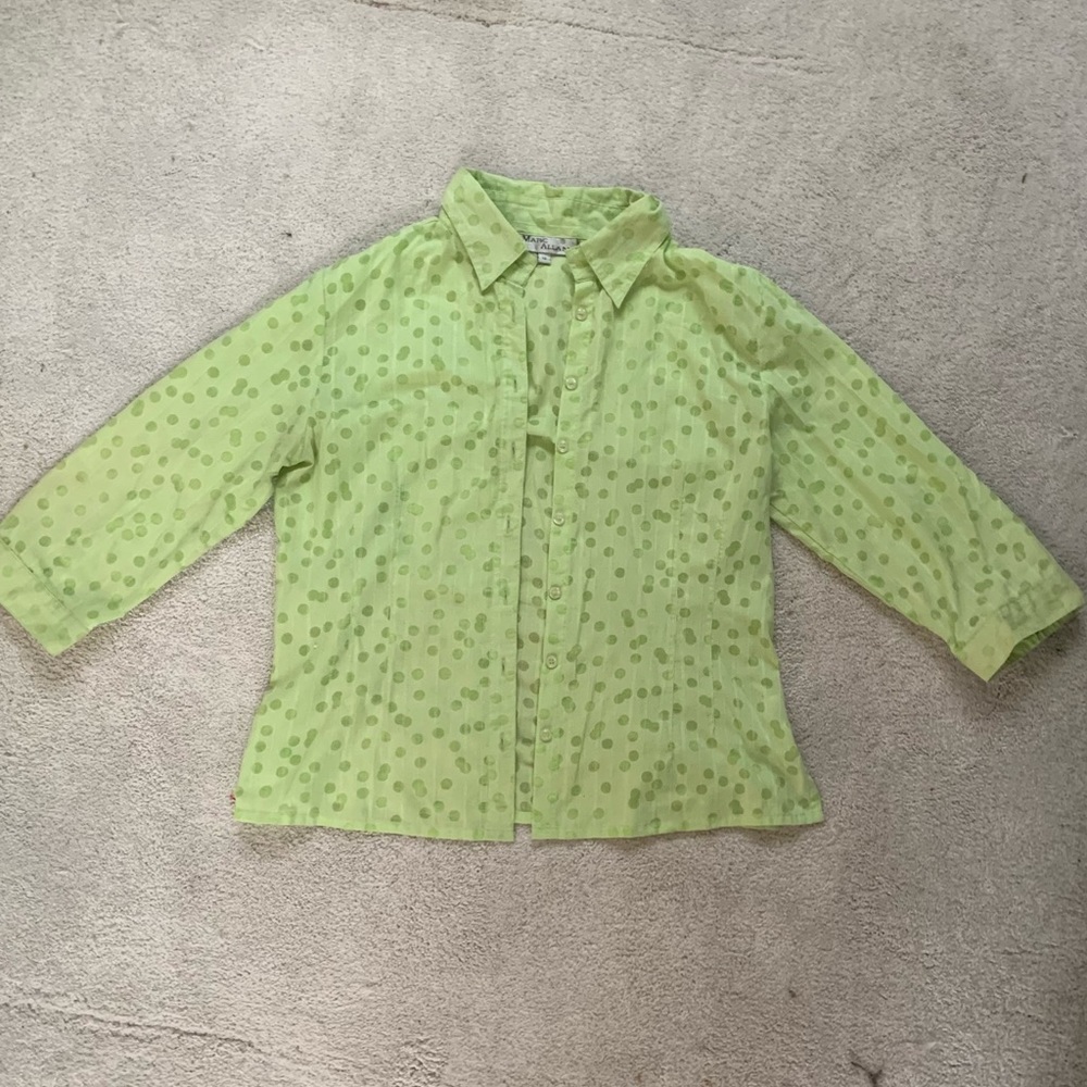 Marc Allan Light Green Polka Dot 3/4 Sleeve Button Down Shirt Funky Blouse Sz 10